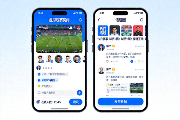 ayx爱游戏体育平台移动端社交功能展示 - 虚拟观赛房间与话题圈界面