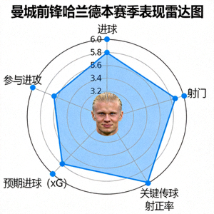 曼城前锋哈兰德本赛季表现雷达图 - 展示进球、射门、关键传球等数据维度