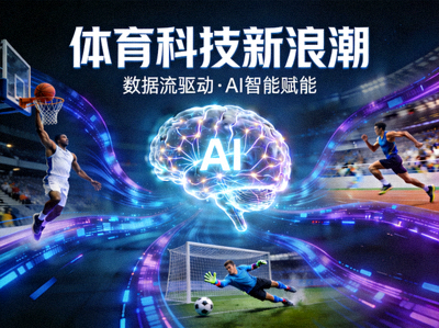 体育科技新浪潮主题概念图 - 数据流、AI大脑与运动场景融合