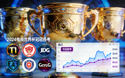 2024电竞世界杯夺冠热门战队标志与盘口走势图，背景为赛事奖杯特写