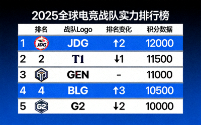 2025全球电竞战队实力排行榜列表，展示战队Logo、排名变化与积分数据