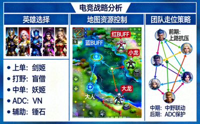 电竞战术分析示意图，显示英雄选择、地图资源控制与团队走位策略