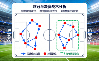 欧冠半决赛战术板分析图，标注了关键传球路线、球员跑位与防守阵型变化