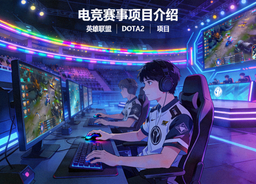电子竞技选手在专业比赛场地中操作的场景，电竞赛事项目介绍配图