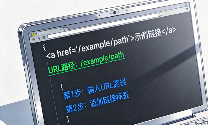 电脑屏幕上显示的网页源代码，展示URL路径与链接标签的编写过程