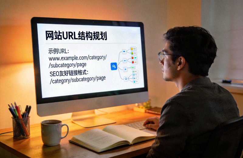 设计师在电脑前规划网站URL结构与SEO友好链接格式的工作场景
